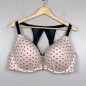 Cacique pink & black polka dot Boost Plunge front closure lace trim bra, 44DD.